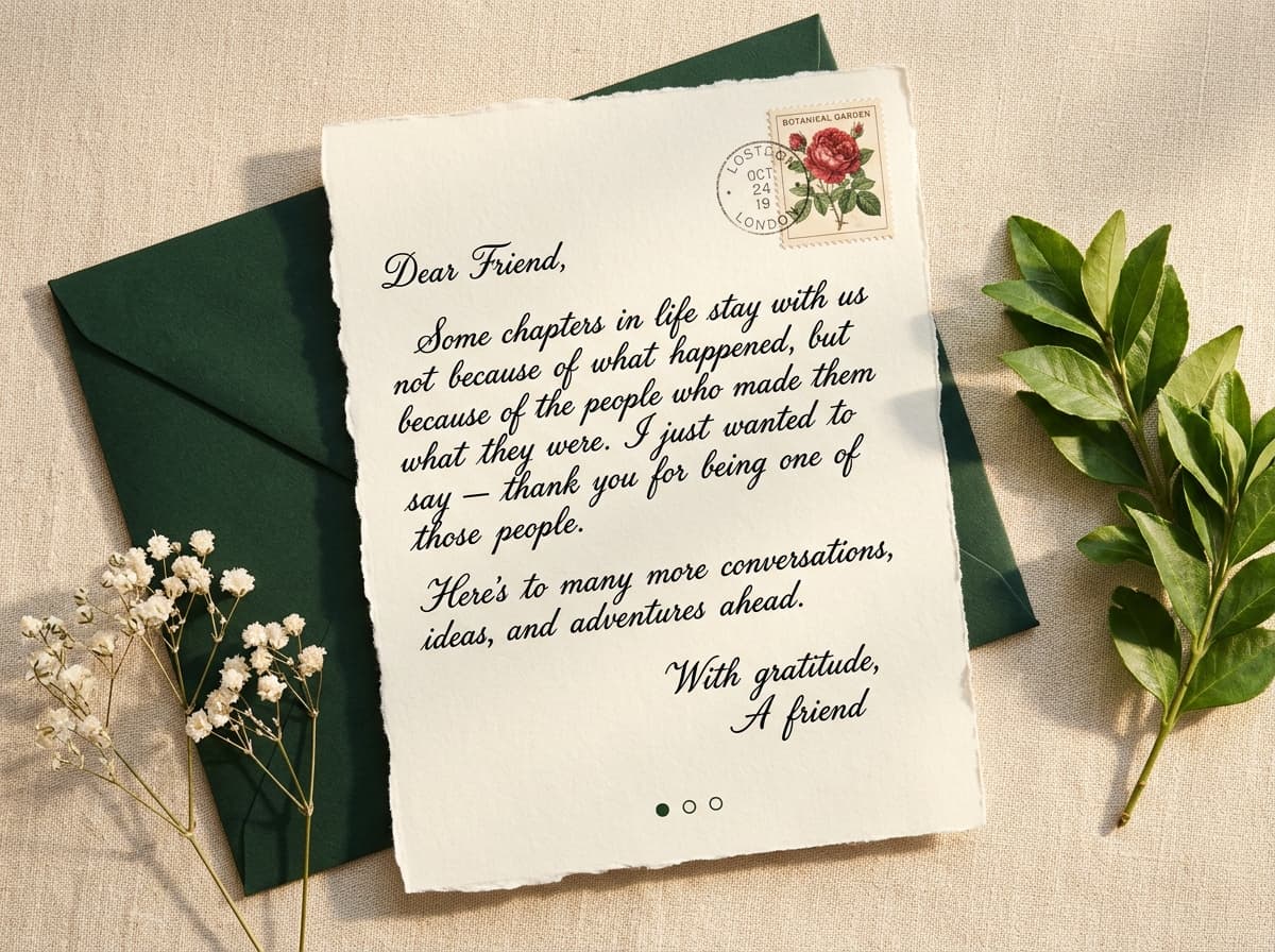 Sample letter on deckled cream paper with green envelope, botanical flowers, vintage stamp, and navigation controls