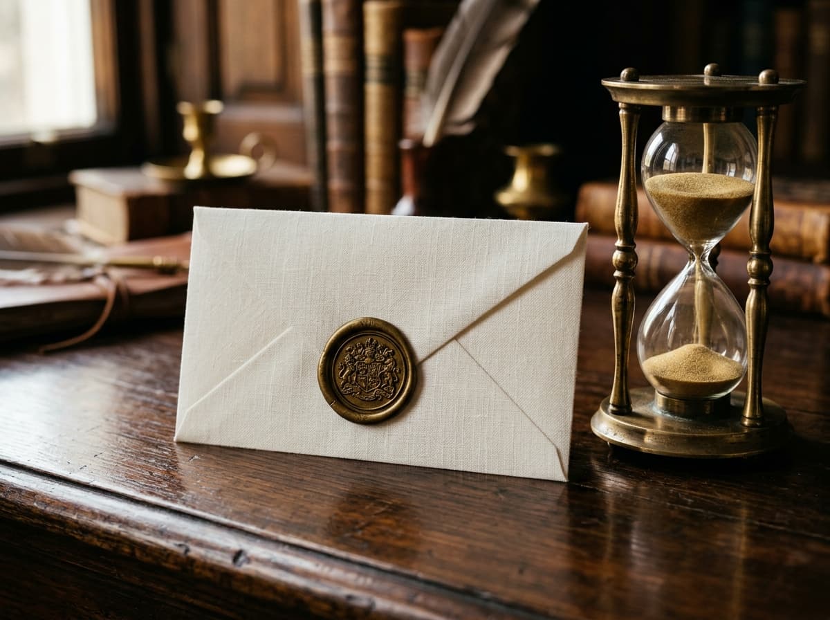 Sealed linen envelope with gold wax crest beside an antique brass hourglass