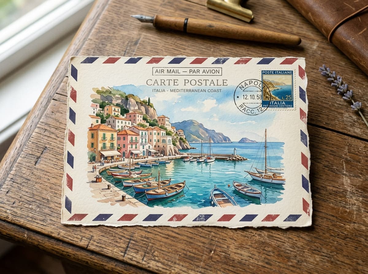 Watercolor art postcard of a Mediterranean coast with postmark cancellation