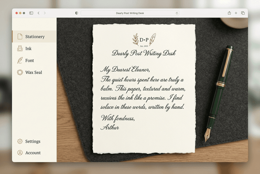 Dearly Post writing desk interface with paper and fountain pen