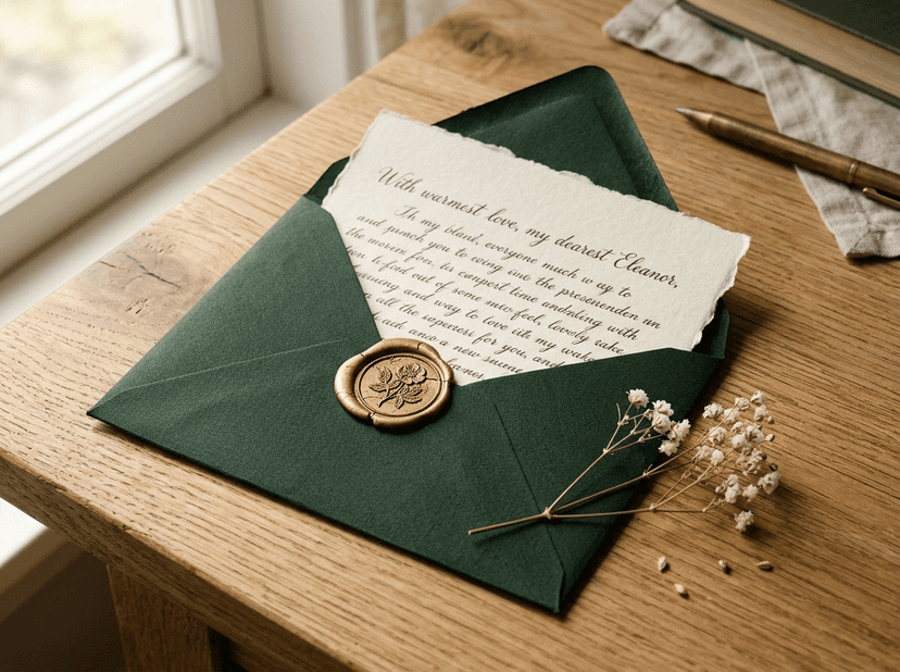 Opened forest green envelope with wax seal revealing handwritten cursive letter