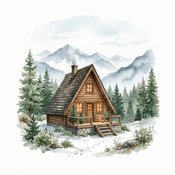 Watercolor mountain cabin with pine trees