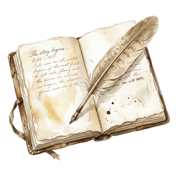 Watercolor open book with quill
