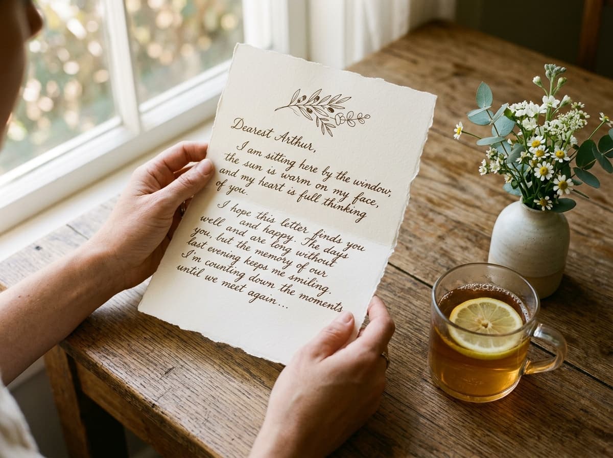 Hands holding an opened handwritten letter at table with tea and flowers